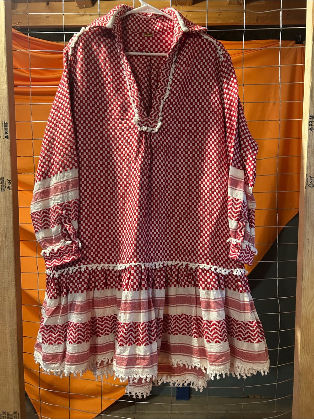 Dodo Bar Or Red & White Checker Tiered Pouf Dress with Fringe
